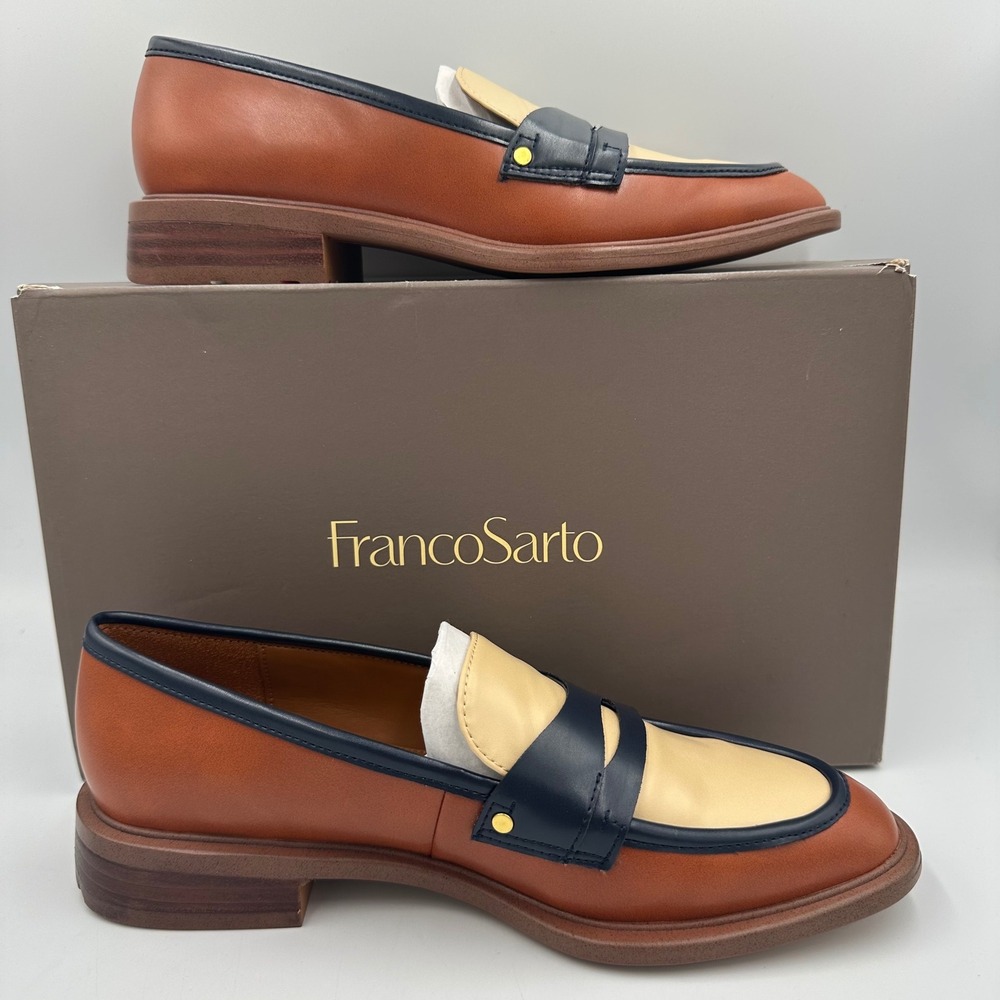 Franco Sarto Edith 2 Loafers Sz 7 Colorblock Preppy Luxe Officecore Brown Navy - Picture 6 of 12
